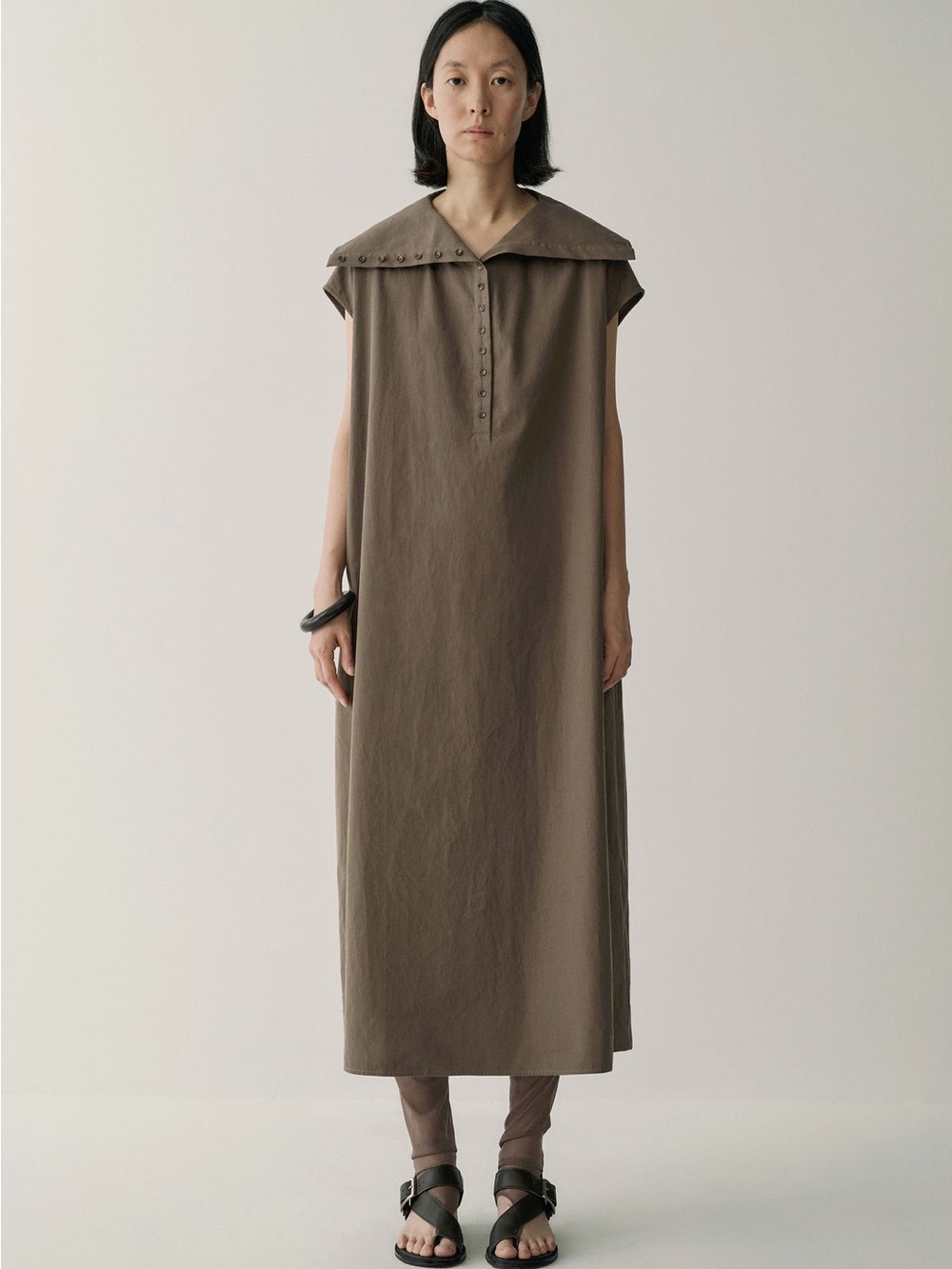 Insis wide spread collar button sleeveless lagenlook dress brown size medium